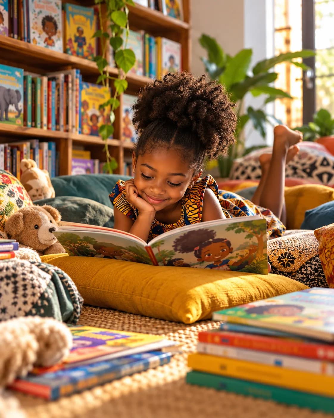 A young girl lying on floor cushions, smiling into a picture book